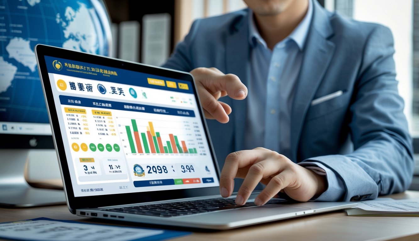 Seseorang menggunakan laptop di meja kerja dengan tampilan antarmuka lotere digital dan peta Hong Kong di latar belakang.