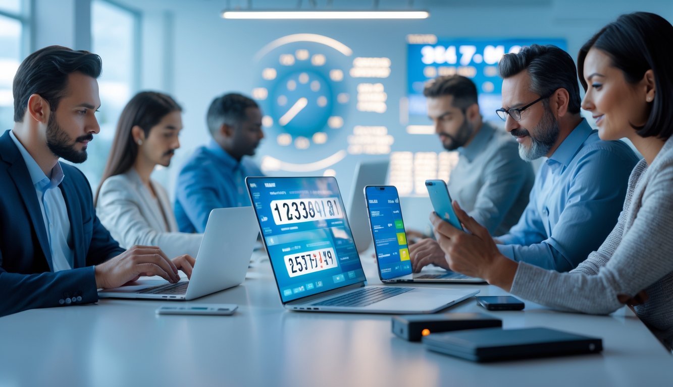 Orang-orang menggunakan laptop dan ponsel di kantor modern yang terang, dengan tampilan angka lotre dan grafik di layar, menggambarkan platform togel online yang aman dan tersedia 24 jam.