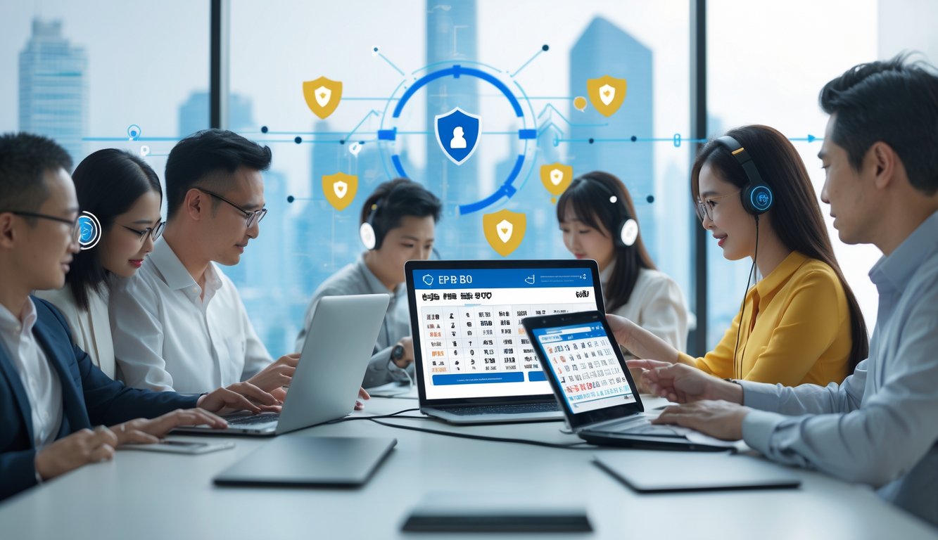 Orang-orang menggunakan perangkat digital dalam ruang kerja modern yang menunjukkan lingkungan permainan togel online Hong Kong yang aman dan terpercaya.