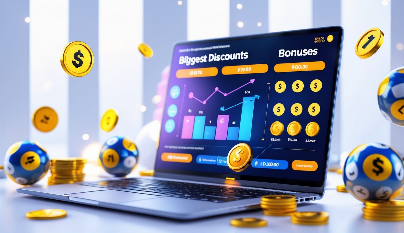 Seorang pengguna sedang melihat layar laptop dengan tampilan antarmuka lotere online yang penuh warna dan ikon koin emas serta bola lotere di sekitarnya.