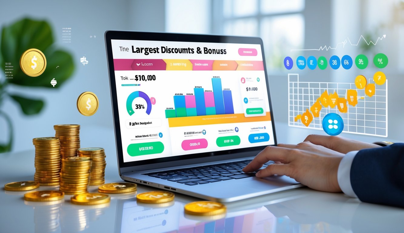 Seorang pengguna sedang menggunakan laptop dengan tampilan situs lotere online yang penuh warna, dikelilingi oleh koin emas dan bola lotere di meja kerja yang rapi.