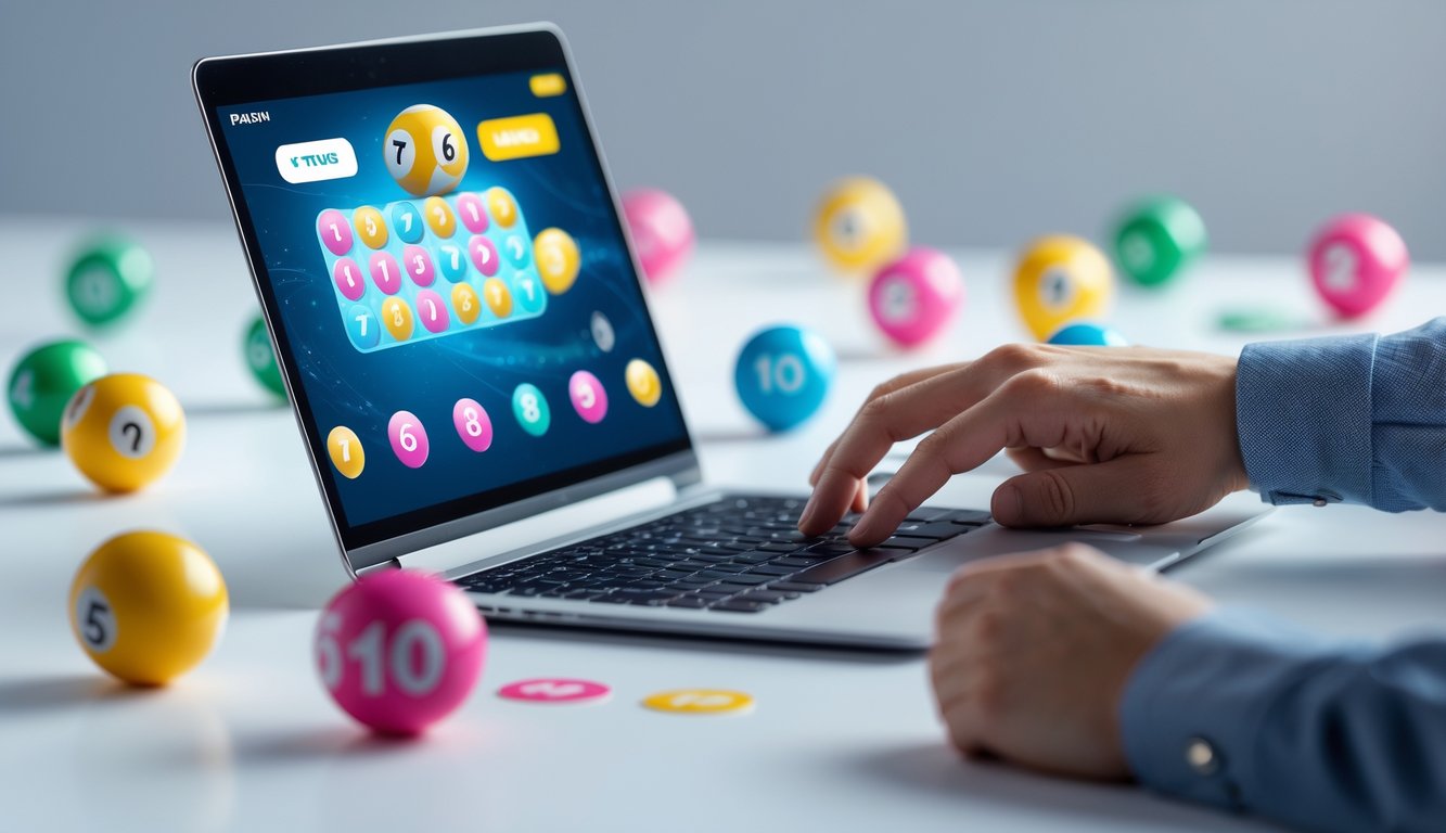 Seseorang menggunakan laptop dengan bola lotere berwarna-warni di meja, menunjukkan aktivitas togel online.