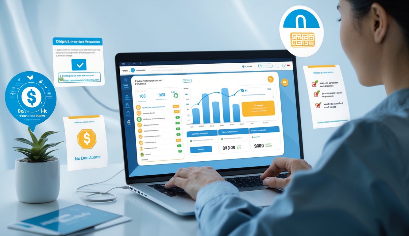 Seseorang menggunakan laptop di meja kerja dengan tampilan situs togel online resmi, dikelilingi simbol transaksi digital dan sertifikat keamanan.