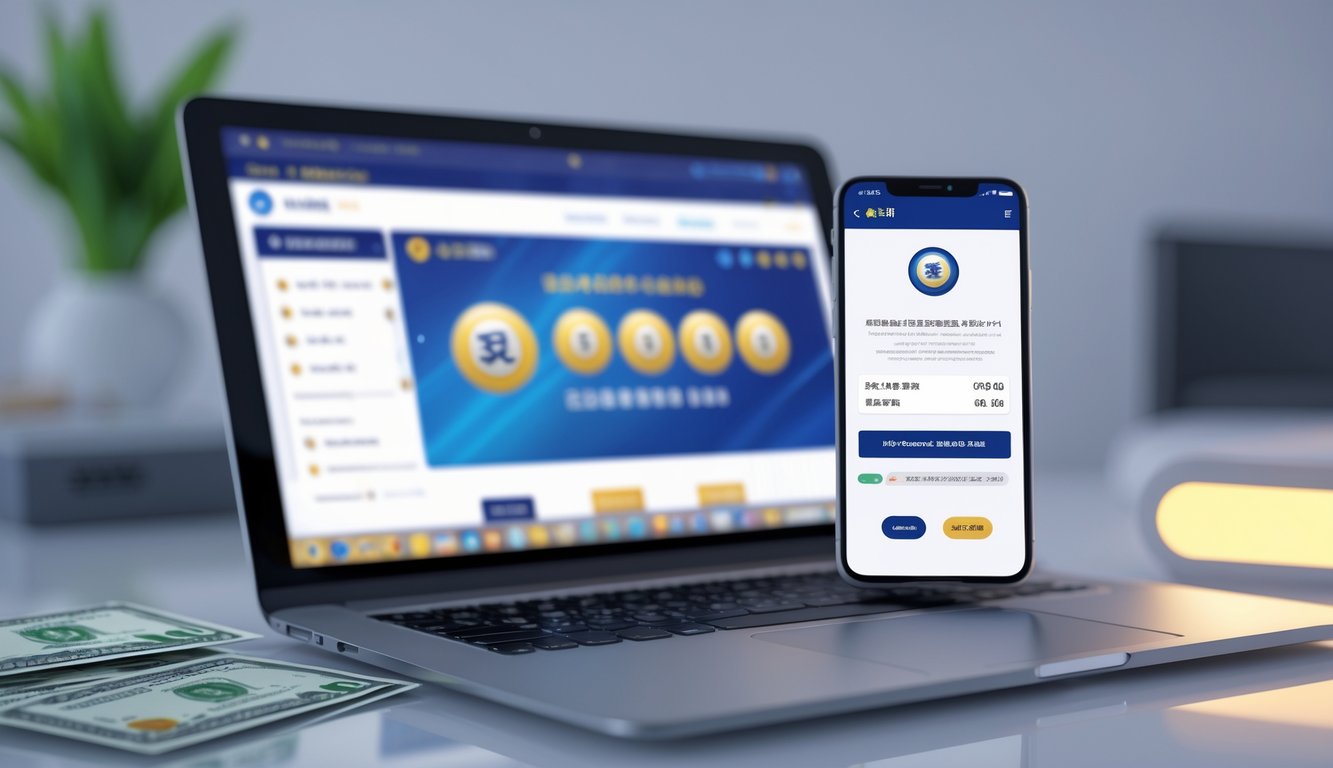 Meja kerja dengan laptop dan ponsel yang menampilkan konfirmasi pembayaran cepat untuk layanan togel online.