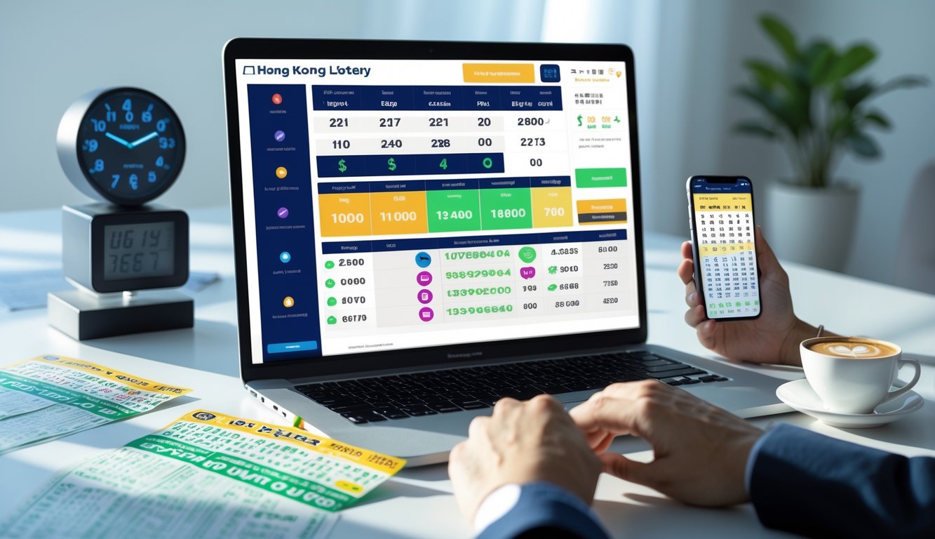 Seorang pria menggunakan laptop di meja kerja dengan tampilan undian langsung togel online dan tiket togel di sekitarnya.