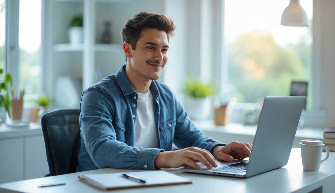 Seorang dewasa muda duduk di meja modern menggunakan laptop di ruang kerja rumah yang terang dan rapi.