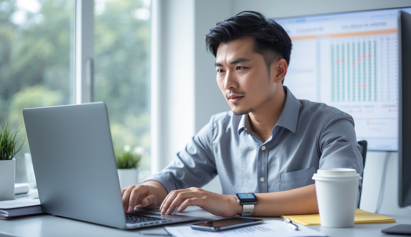 Seorang pria muda Asia duduk di meja kerja dengan laptop terbuka, fokus mencari informasi tentang bandar togel HK online terpercaya di sebuah ruang kerja rumah yang terang.