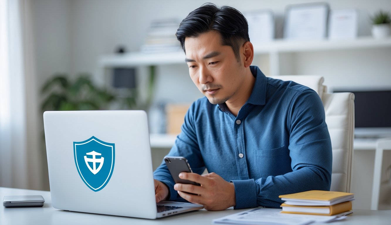 Seorang pria Asia dewasa duduk di meja kerja dengan laptop dan ponsel, tampak fokus sedang mencari informasi secara online.