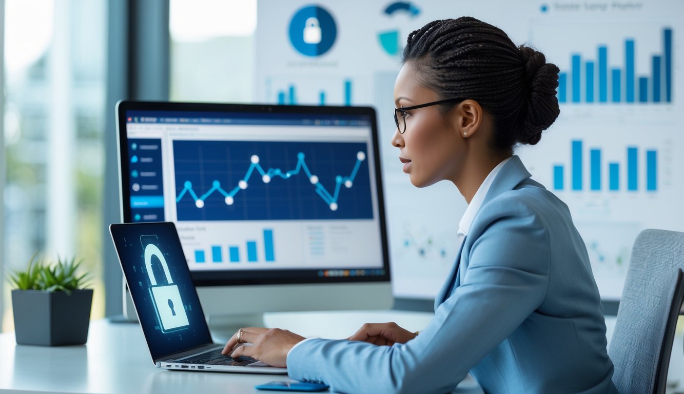 Seorang profesional duduk di meja dengan laptop, memeriksa data terkait keamanan dan legalitas bandar togel online di kantor yang terang dan rapi.