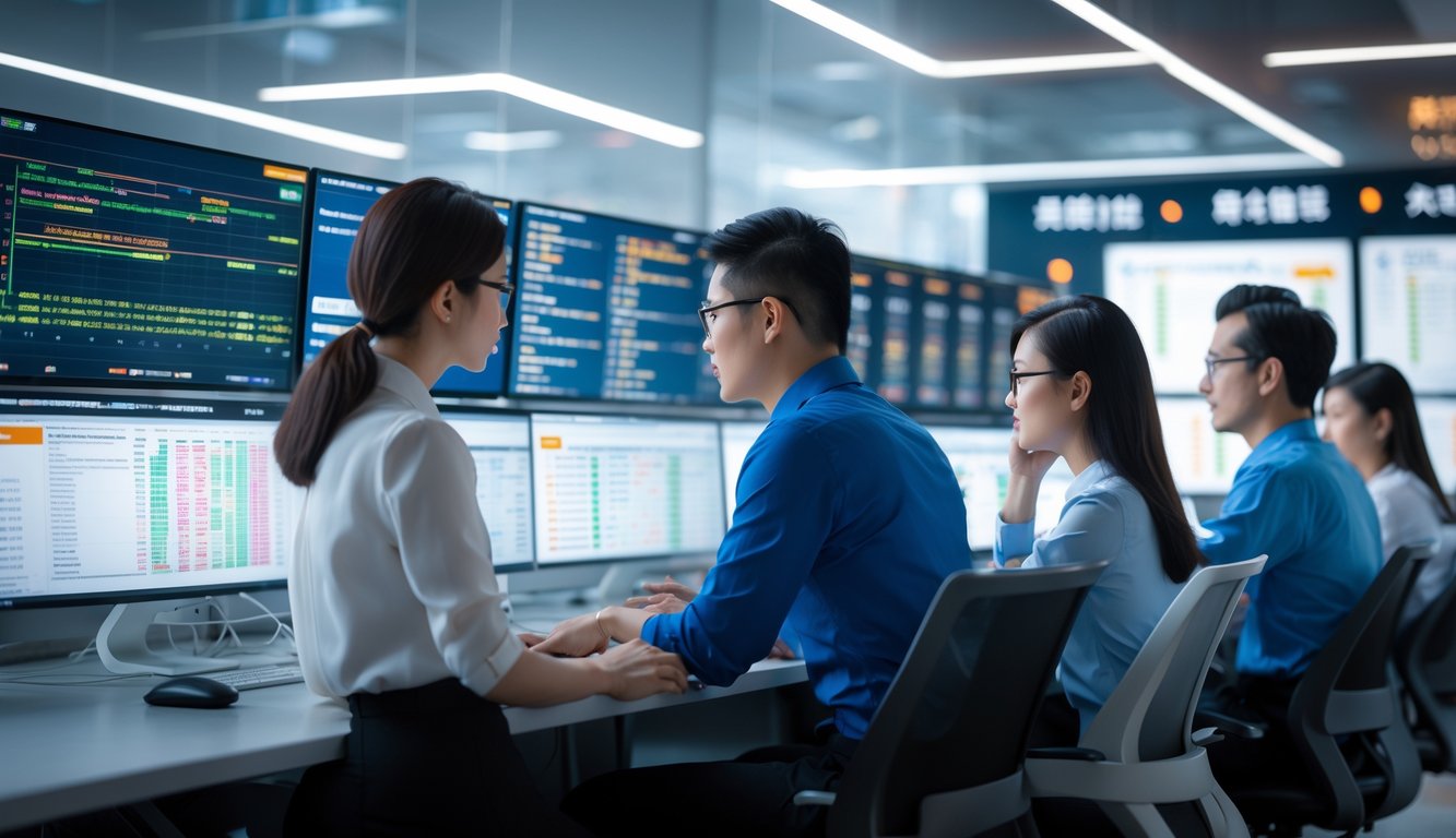 Sejumlah profesional sedang bekerja dengan komputer menampilkan data dan grafik terkait pasar togel online Hong Kong.