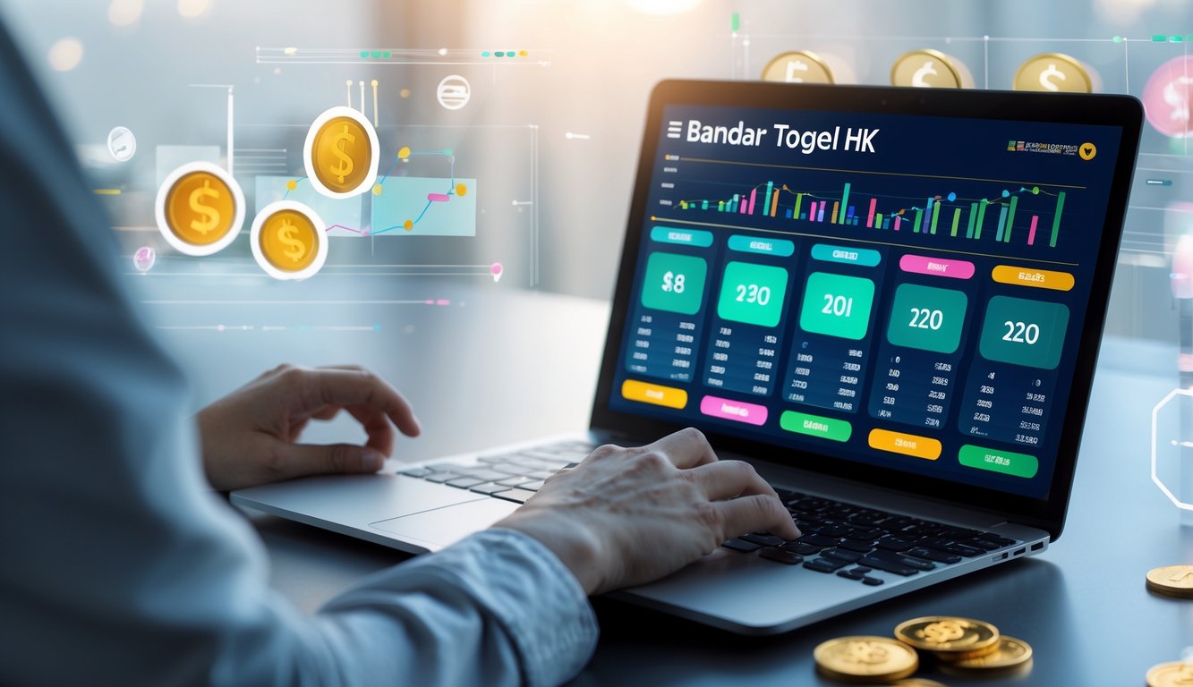 Seseorang menggunakan laptop atau ponsel untuk bermain togel online dengan latar belakang meja kerja yang rapi dan pencahayaan lembut.