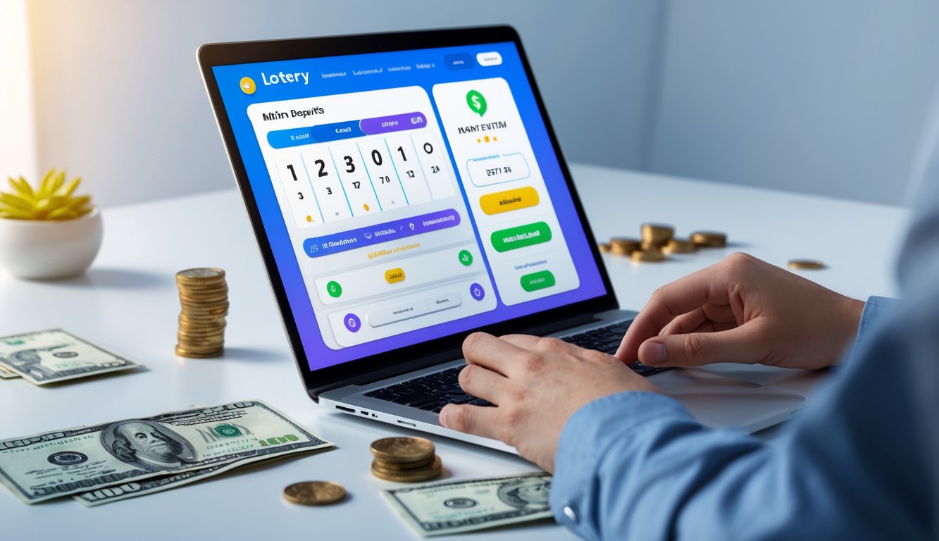 Seseorang menggunakan laptop di meja kerja dengan tampilan situs judi togel online dan elemen uang di sekitarnya.