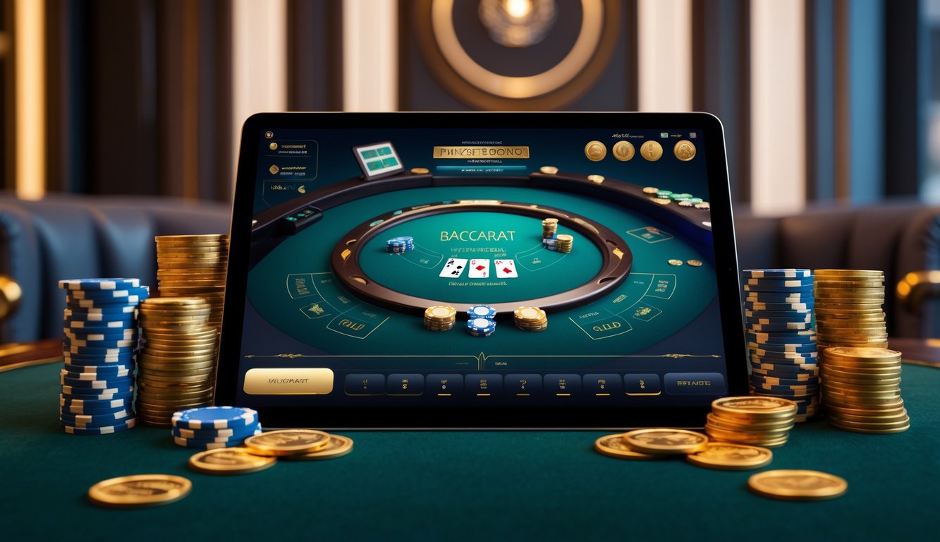 Sebuah meja baccarat digital dengan kartu dan chip di layar komputer, dikelilingi tumpukan chip kasino dan koin emas di lingkungan mewah.