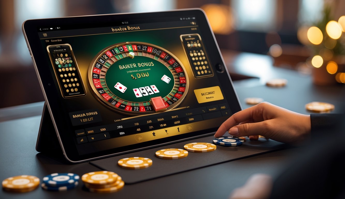Sebuah layar perangkat digital menampilkan permainan baccarat online dengan kartu dan chip di meja permainan.