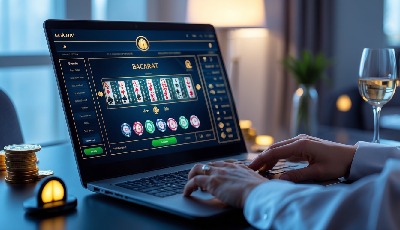 Seorang pemain menggunakan komputer dengan tampilan permainan baccarat online di meja kerja yang rapi dan terang.
