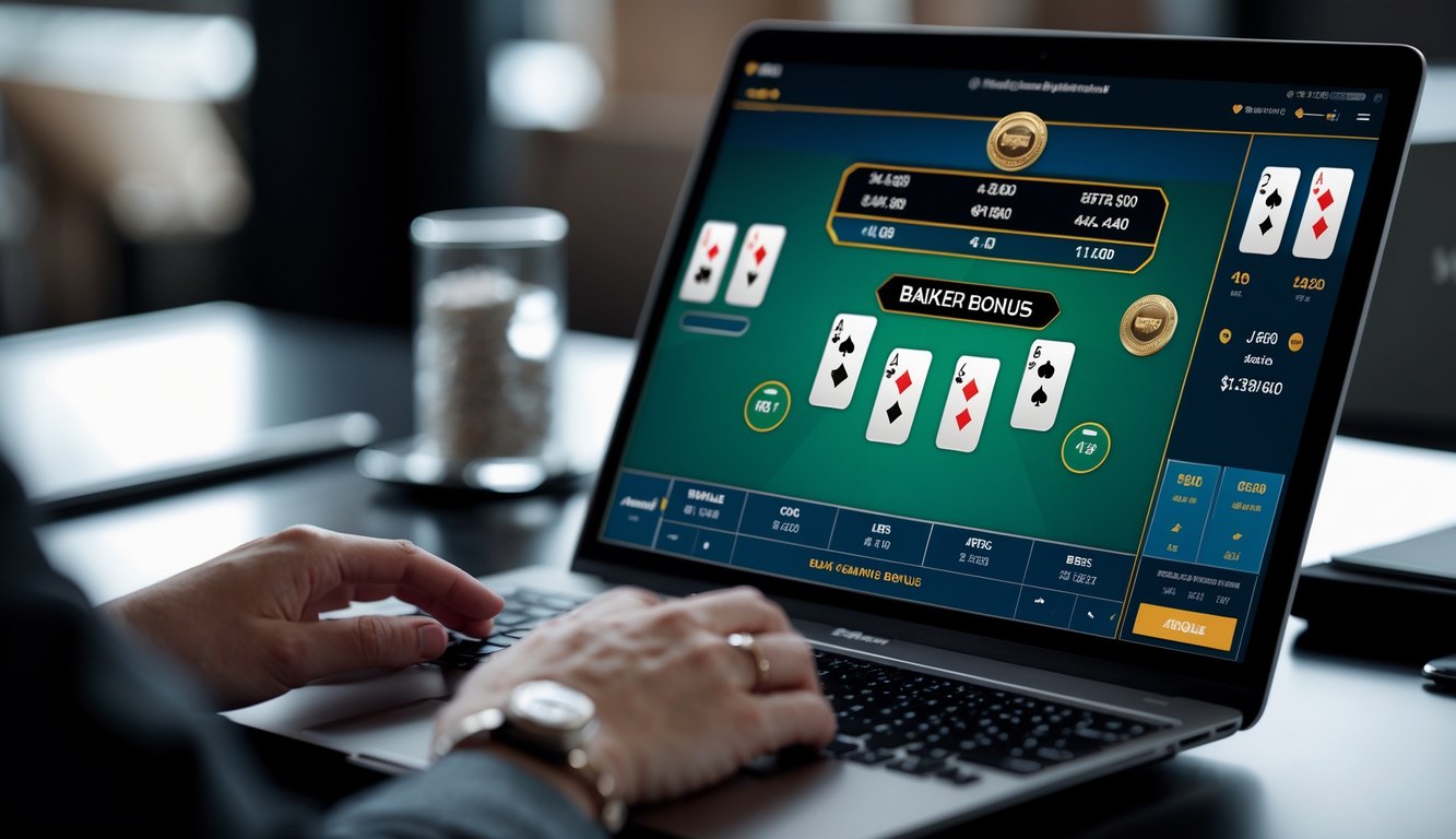 Seseorang menggunakan komputer untuk bermain baccarat online dengan fokus pada taruhan banker bonus.