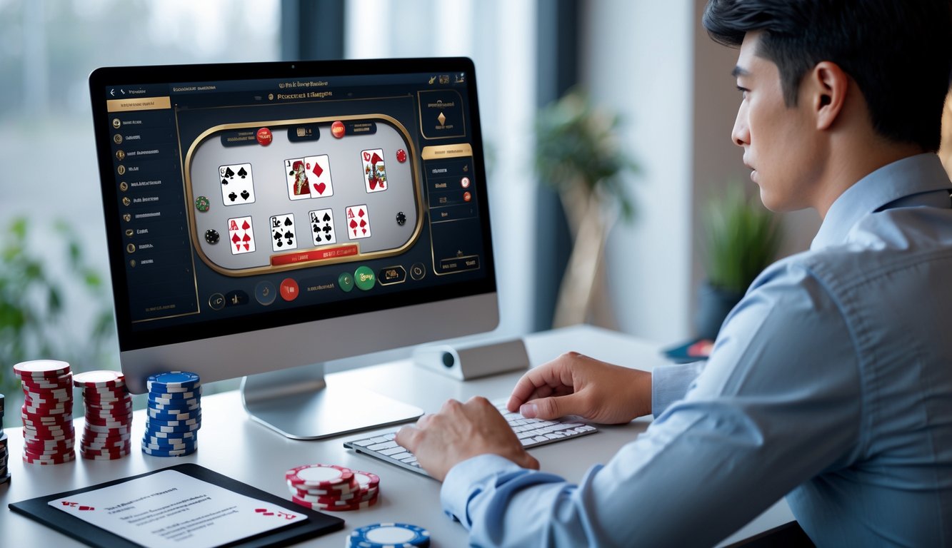 Seorang pemain muda yang fokus menggunakan laptop dengan layar permainan baccarat online, di meja yang rapi dengan kartu dan chip poker.