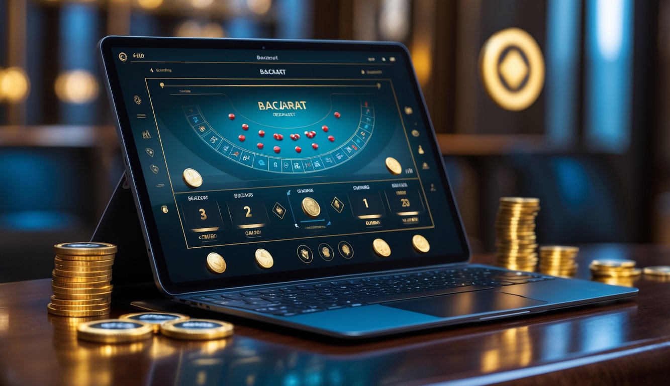 Sebuah meja dengan perangkat digital yang menampilkan permainan baccarat online dengan fokus pada posisi banker dan simbol bonus di sekitarnya.