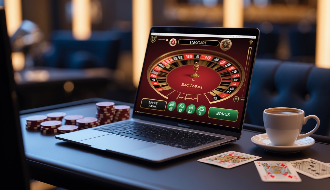 Sebuah meja dengan komputer menampilkan permainan baccarat online dengan fokus pada sisi Banker dan bonus, dikelilingi chip poker dan kartu remi.