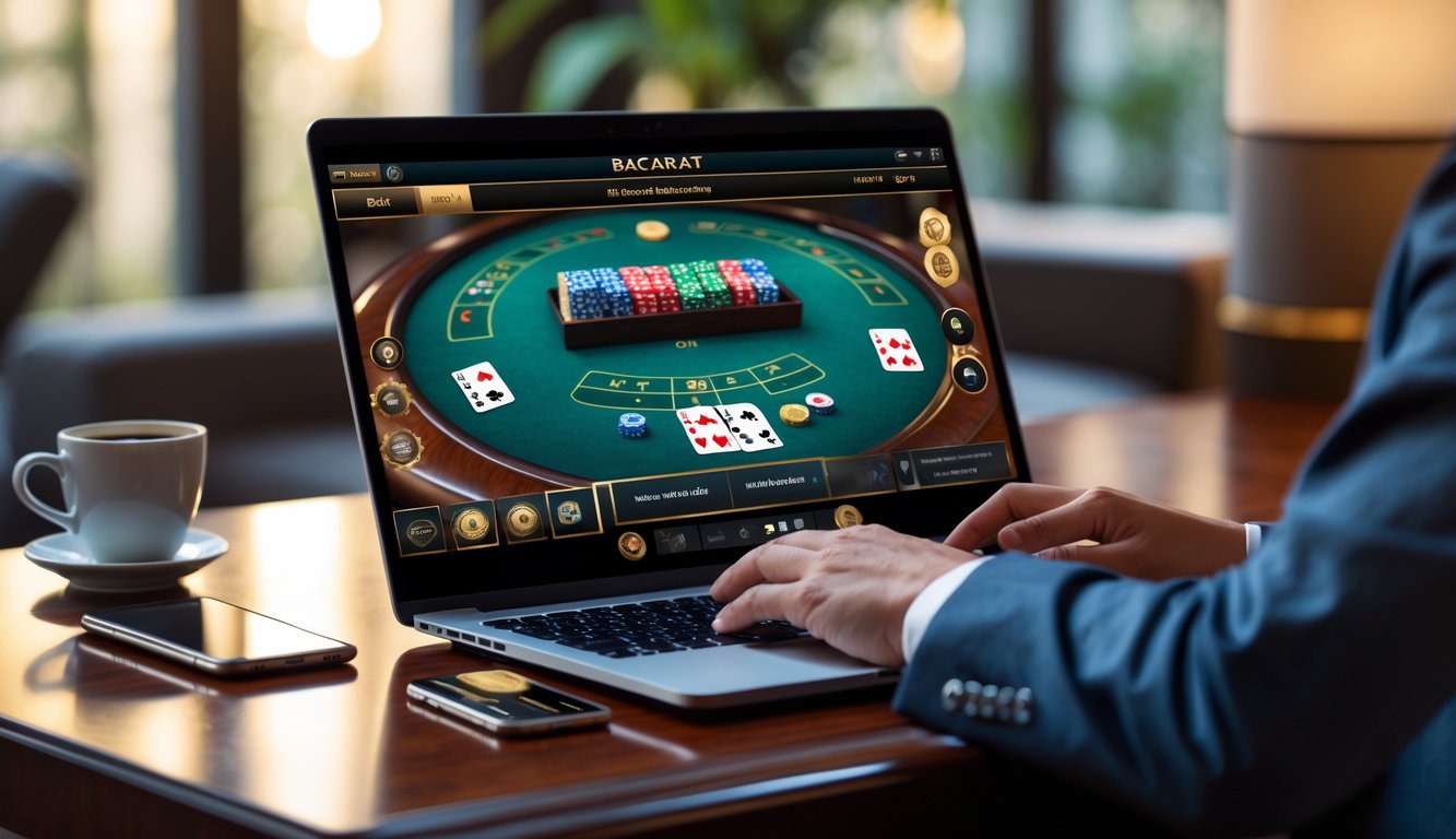 Seorang pemain menggunakan laptop untuk bermain baccarat online dengan suasana ruangan yang nyaman dan profesional.
