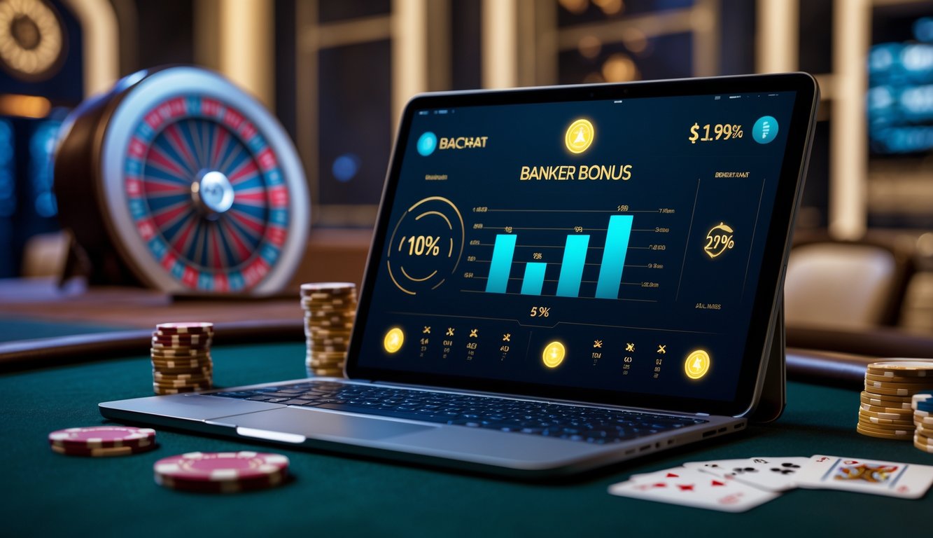 Layar perangkat digital yang menampilkan permainan Baccarat online dengan elemen kasino di latar belakang.