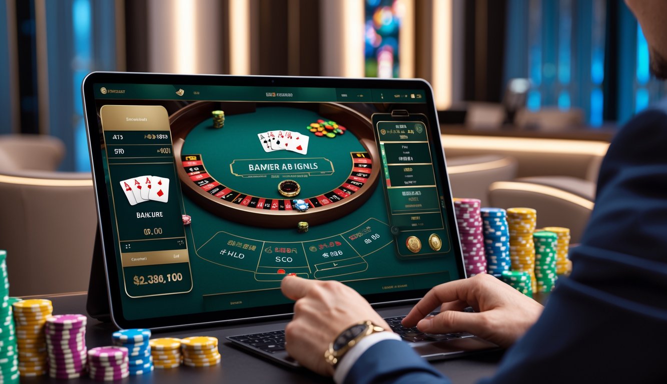 Seseorang bermain baccarat online dengan tampilan meja kartu digital dan tumpukan chip kasino di latar belakang yang elegan.