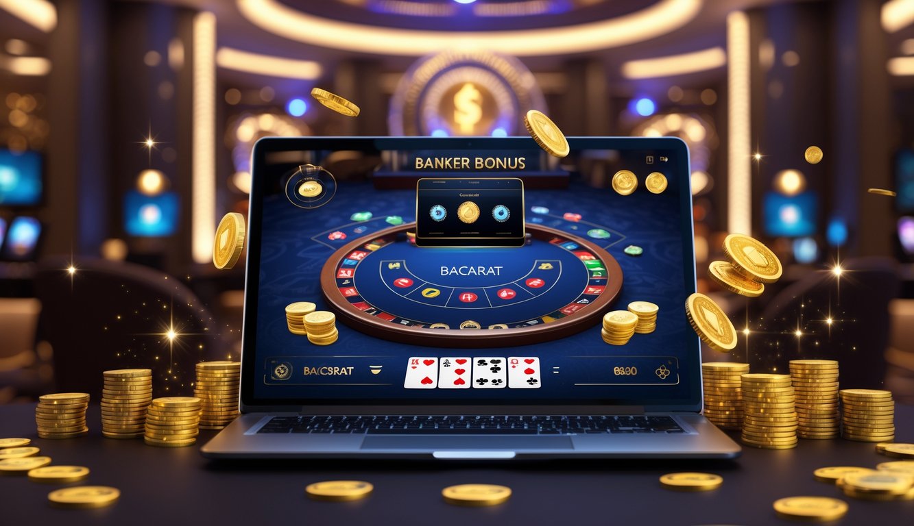 Seorang pemain menggunakan laptop dengan meja baccarat digital dan chip taruhan di sekitarnya.