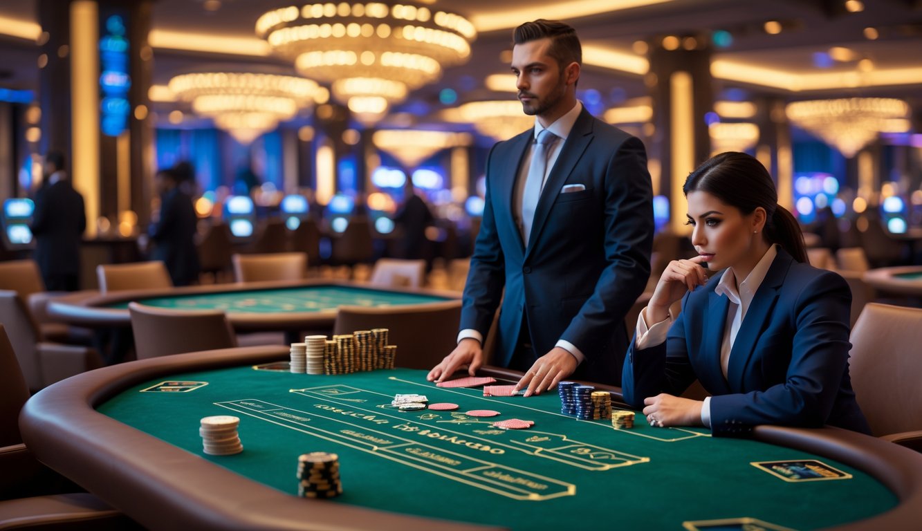 Seorang dealer dan pemain sedang bermain baccarat di meja kasino dengan kartu dan chip, suasana kasino yang elegan dan pencahayaan hangat.