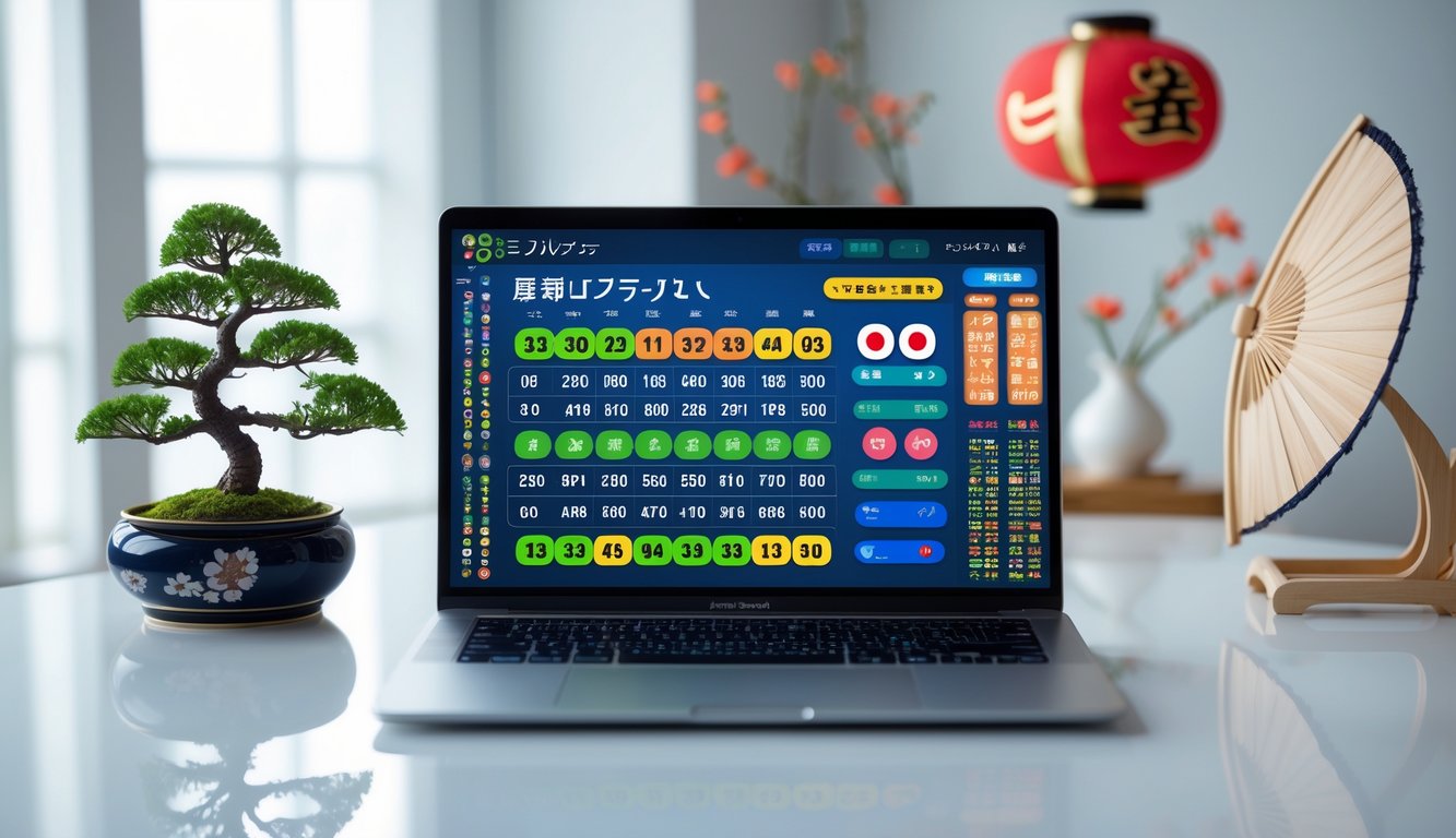 Seorang pria menggunakan laptop di meja kerja dengan dekorasi Jepang di sekitarnya, menampilkan suasana profesional dan terpercaya untuk layanan togel online Jepang.