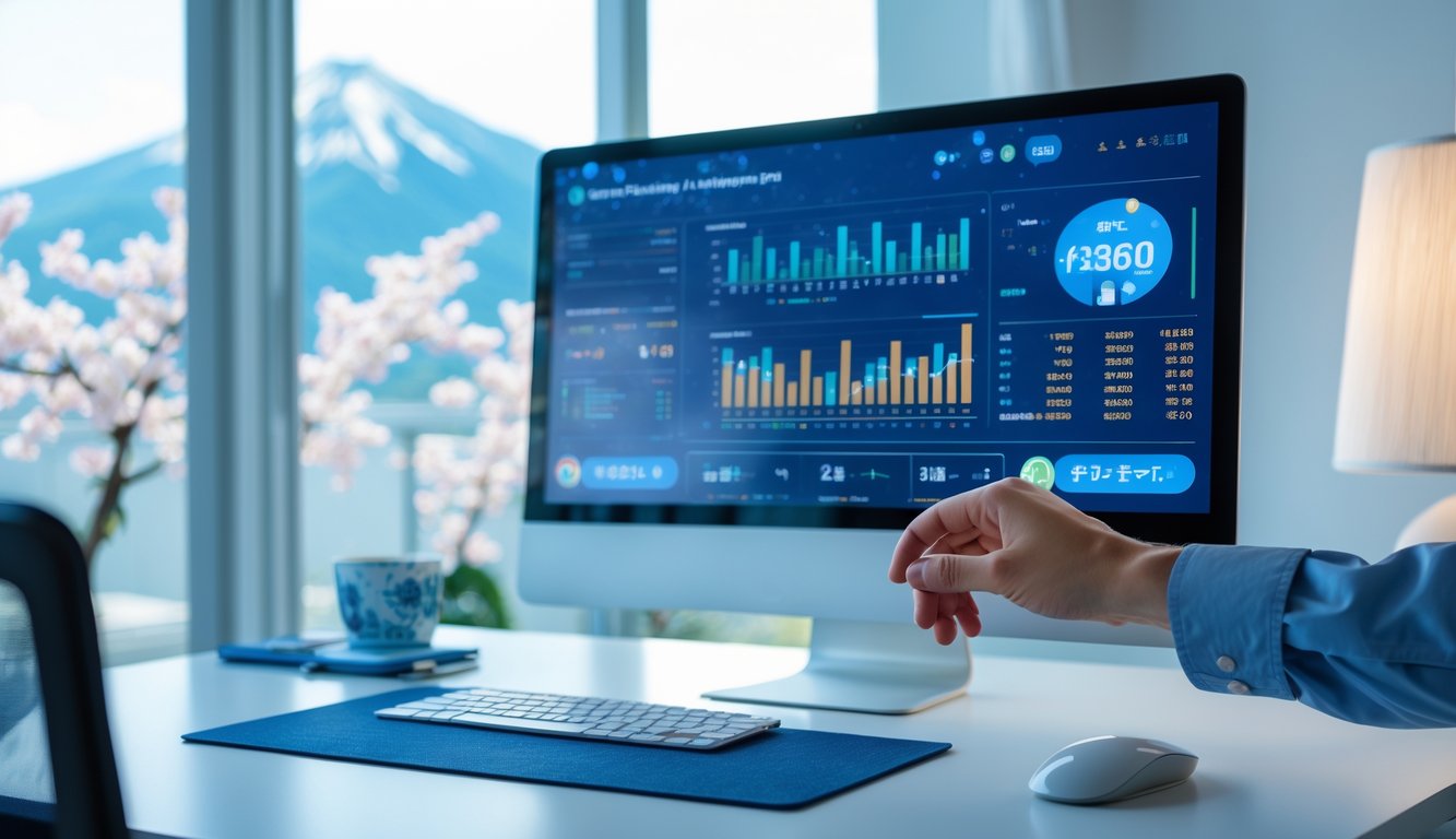 Sebuah meja kerja dengan komputer menampilkan data lotere online Jepang, dengan tangan seseorang sedang menggunakan perangkat tersebut.