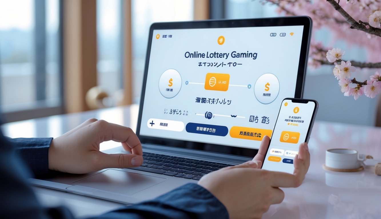 Tangan seseorang menggunakan laptop dan ponsel untuk bermain togel online dengan latar belakang elemen budaya Jepang dan simbol pembayaran digital.