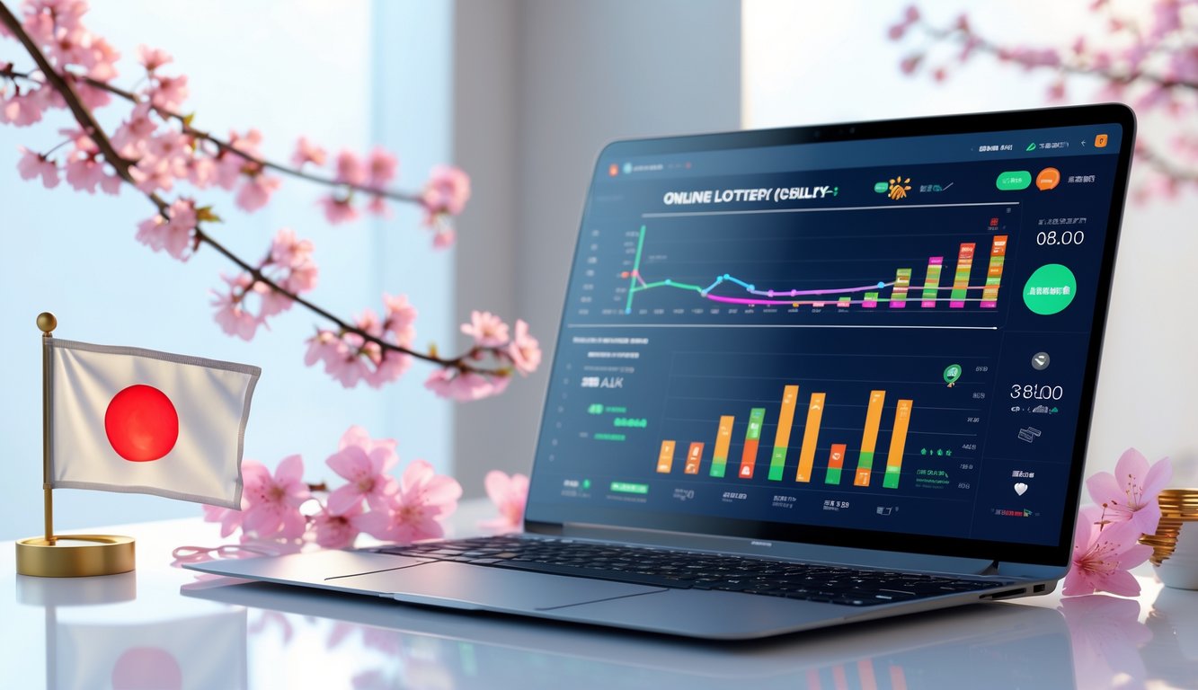 Meja kerja modern dengan laptop yang menampilkan hasil lotere online terbaru dan dekorasi kecil bertema Jepang.