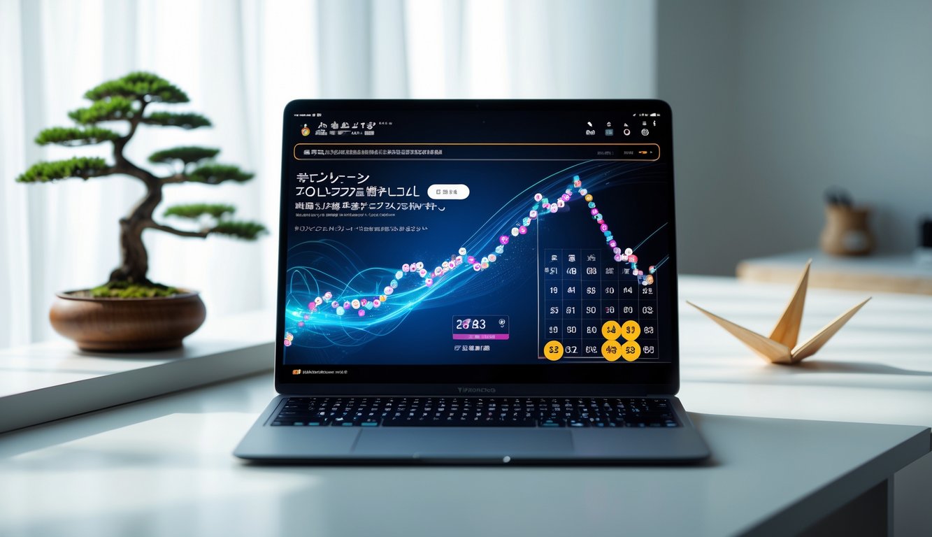 Seseorang menggunakan laptop yang menampilkan hasil togel Jepang online terbaru di meja kerja dengan hiasan bonsai kecil di latar belakang.