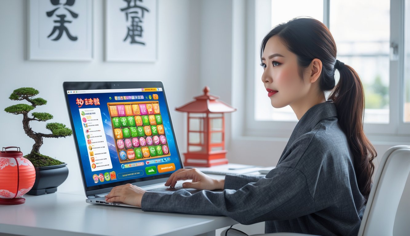 Seorang wanita muda Asia duduk di meja dengan laptop, fokus menggunakan situs togel online dengan dekorasi bertema Jepang di latar belakang.