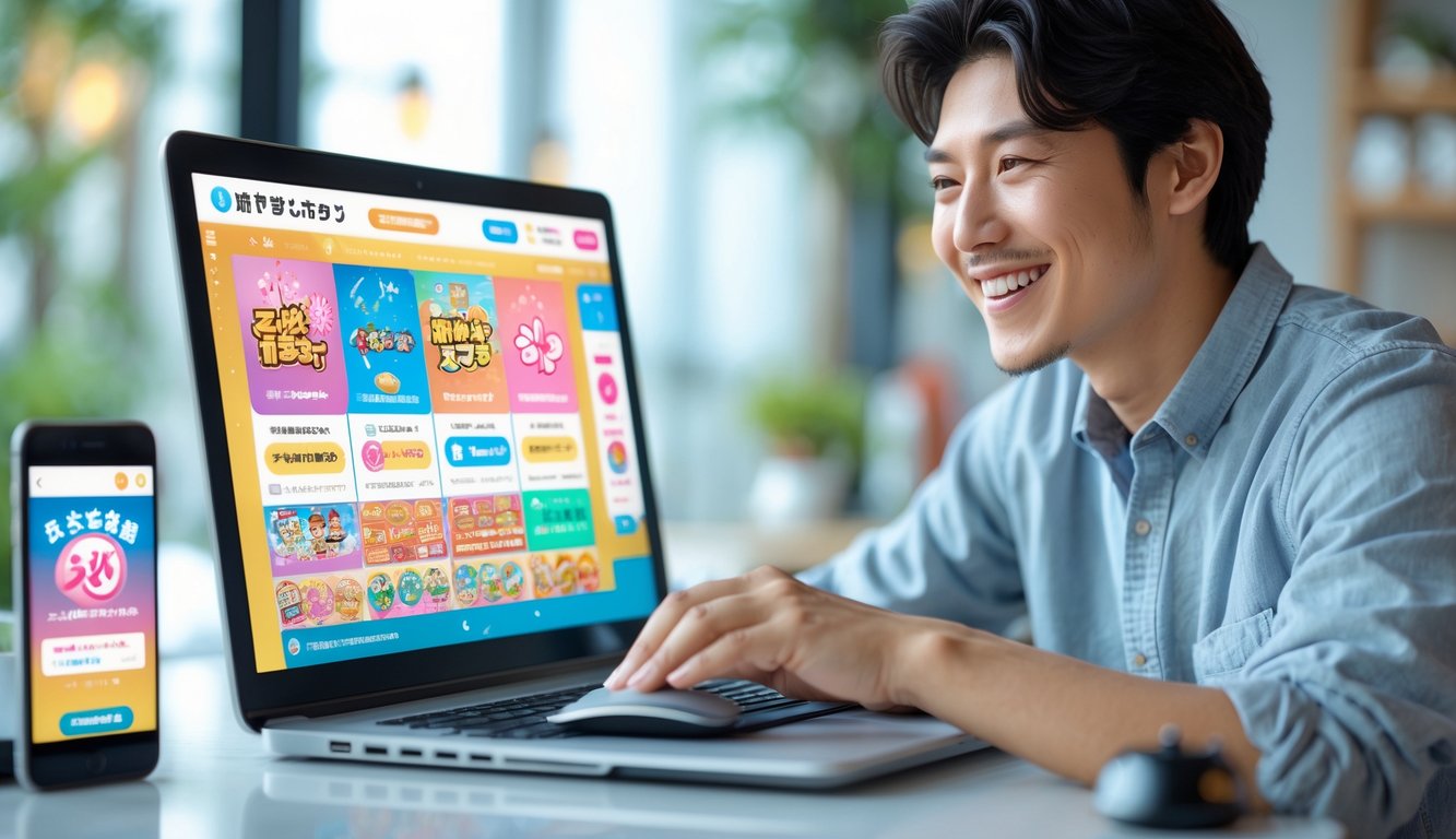 Seorang dewasa muda duduk di meja dengan laptop dan ponsel, bermain permainan togel Jepang online di ruang kerja yang terang dan modern.