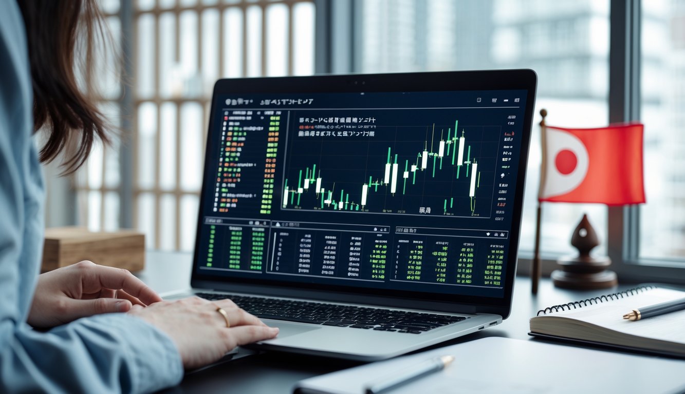 Meja kerja modern dengan laptop menampilkan grafik data dan tangan seseorang sedang menganalisis angka, dengan dekorasi kecil bergaya Jepang di latar belakang.