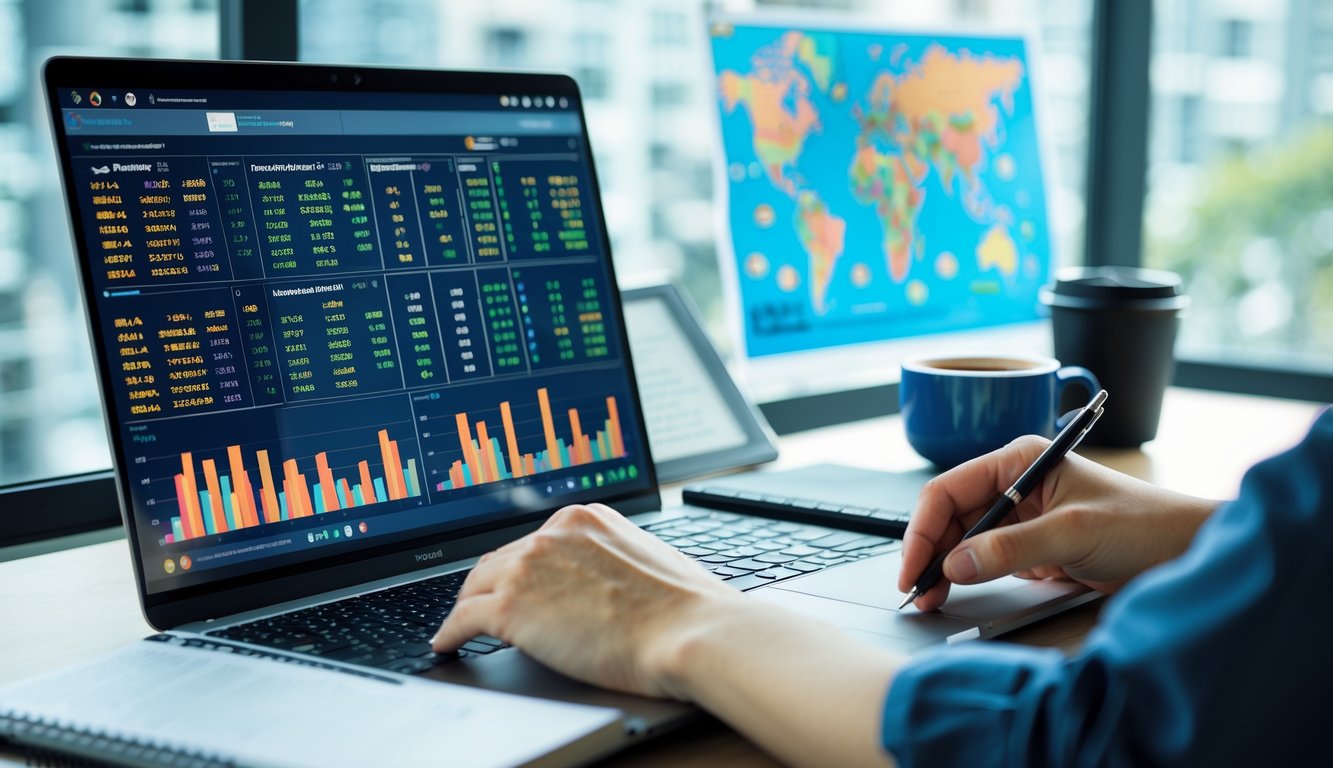 Meja kerja modern dengan laptop yang menampilkan data angka togel Jepang, tangan seseorang sedang menganalisis dan mencatat informasi.