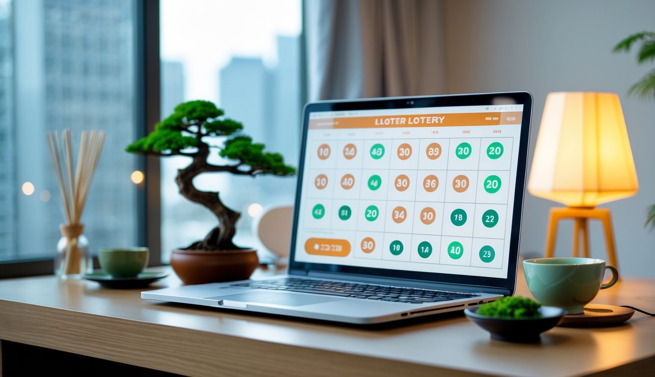 Sebuah meja kerja modern dengan laptop yang menampilkan antarmuka lotere digital, dikelilingi oleh elemen dekorasi Jepang seperti pohon bonsai kecil dan cangkir teh hijau.