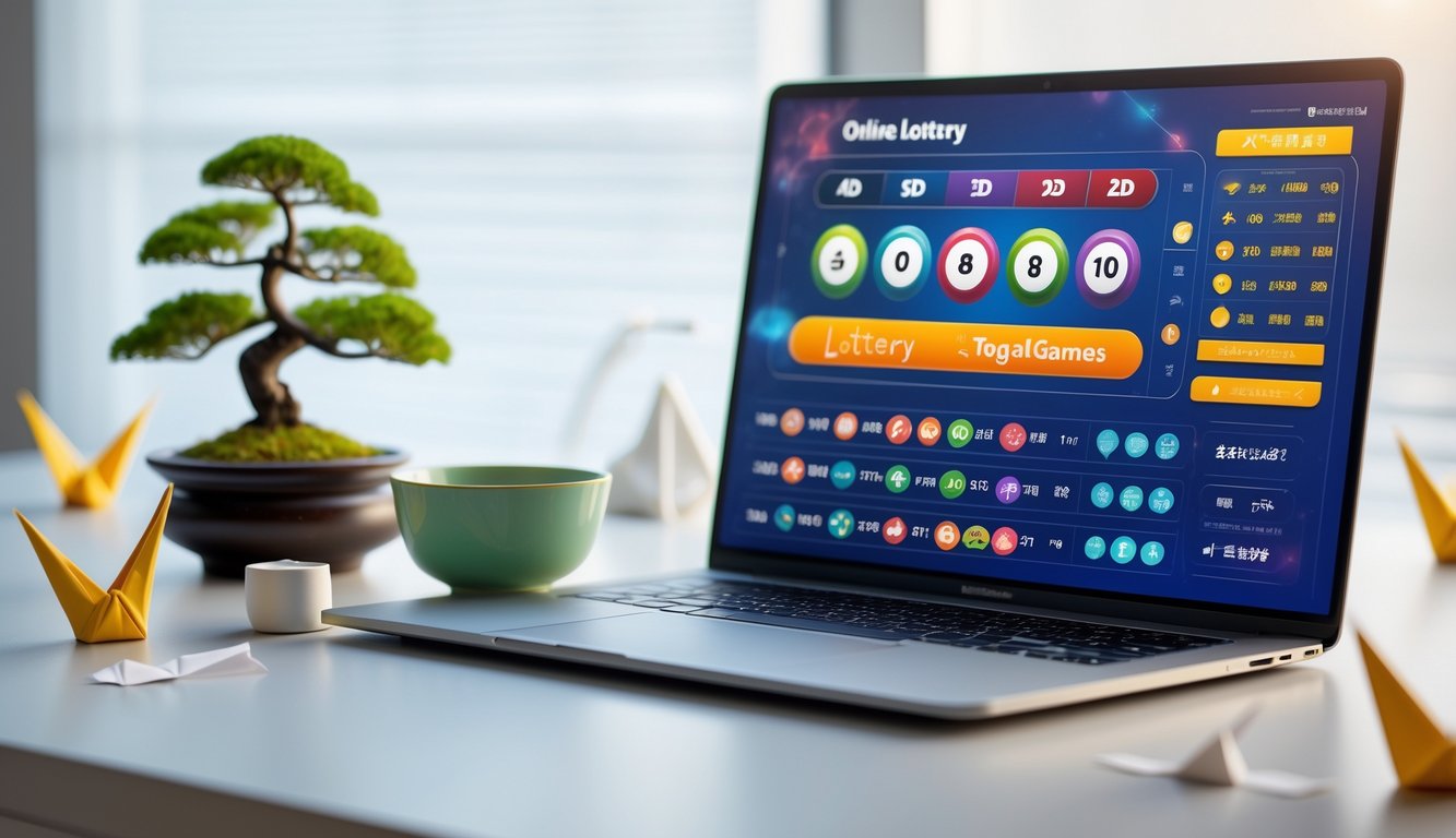 Meja kerja modern dengan laptop yang menampilkan antarmuka lotere digital dan elemen budaya Jepang seperti bonsai, teh hijau, dan origami.