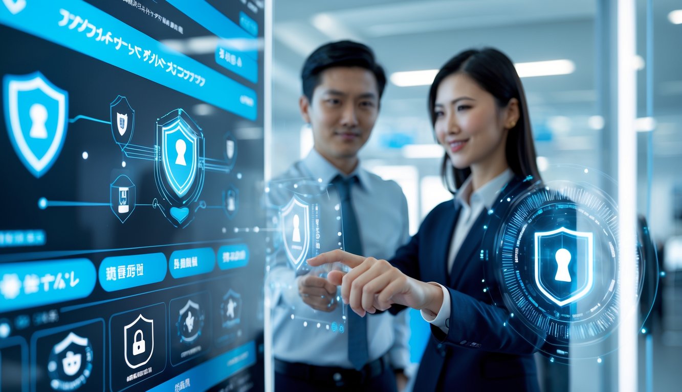 Dua orang profesional sedang berinteraksi dengan tampilan digital keamanan di kantor modern.