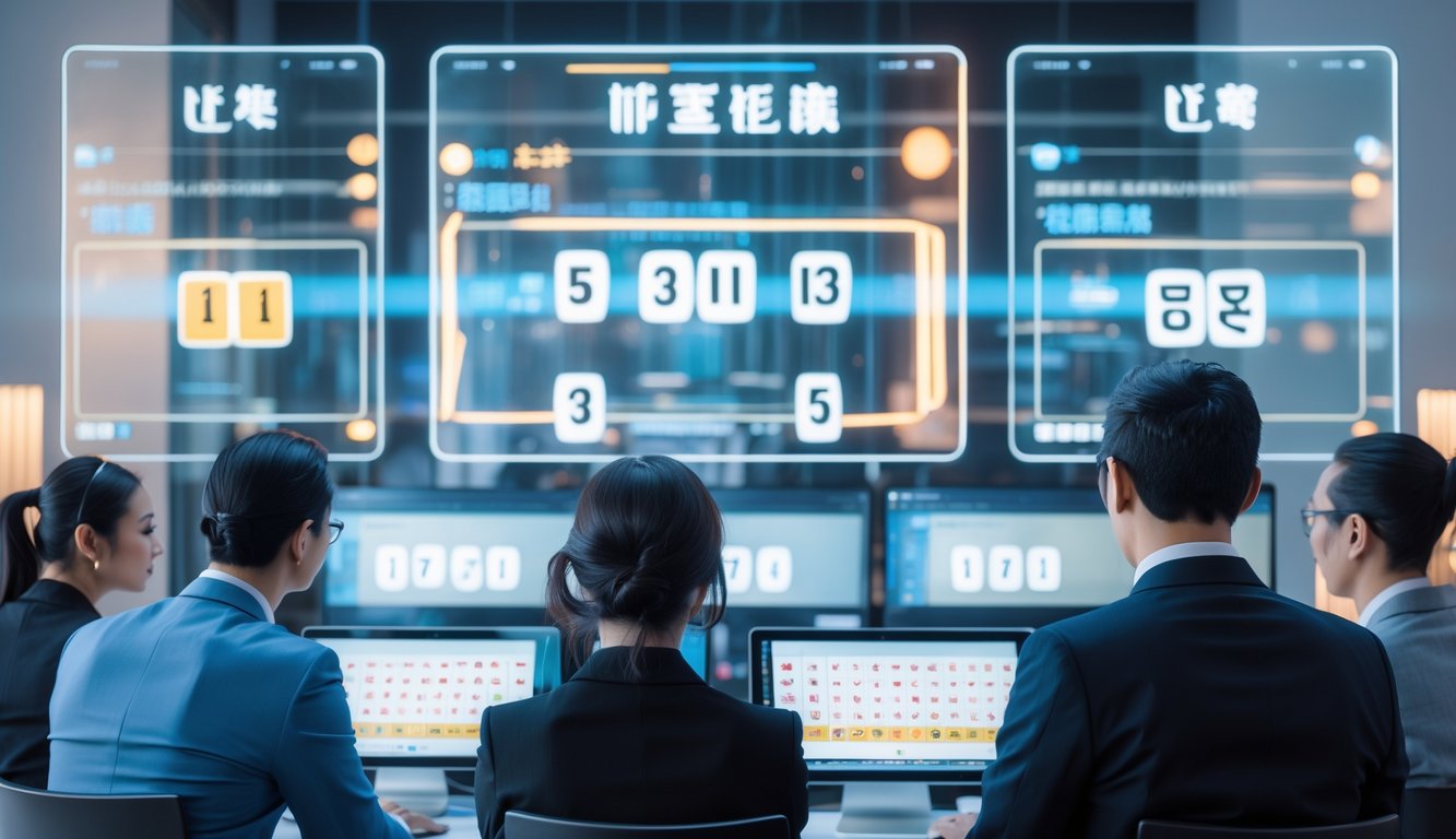 Suasana ruang kerja modern dengan beberapa orang yang memantau undian lotere online secara langsung menggunakan komputer dan tablet.