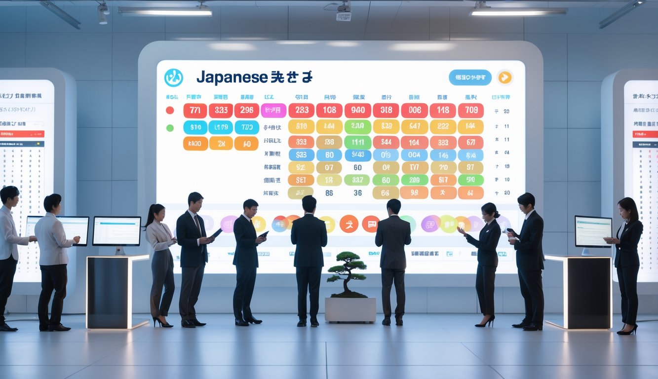 Orang-orang di ruang kantor modern sedang melihat layar besar dengan angka-angka dan grafik untuk undian togel online Jepang.