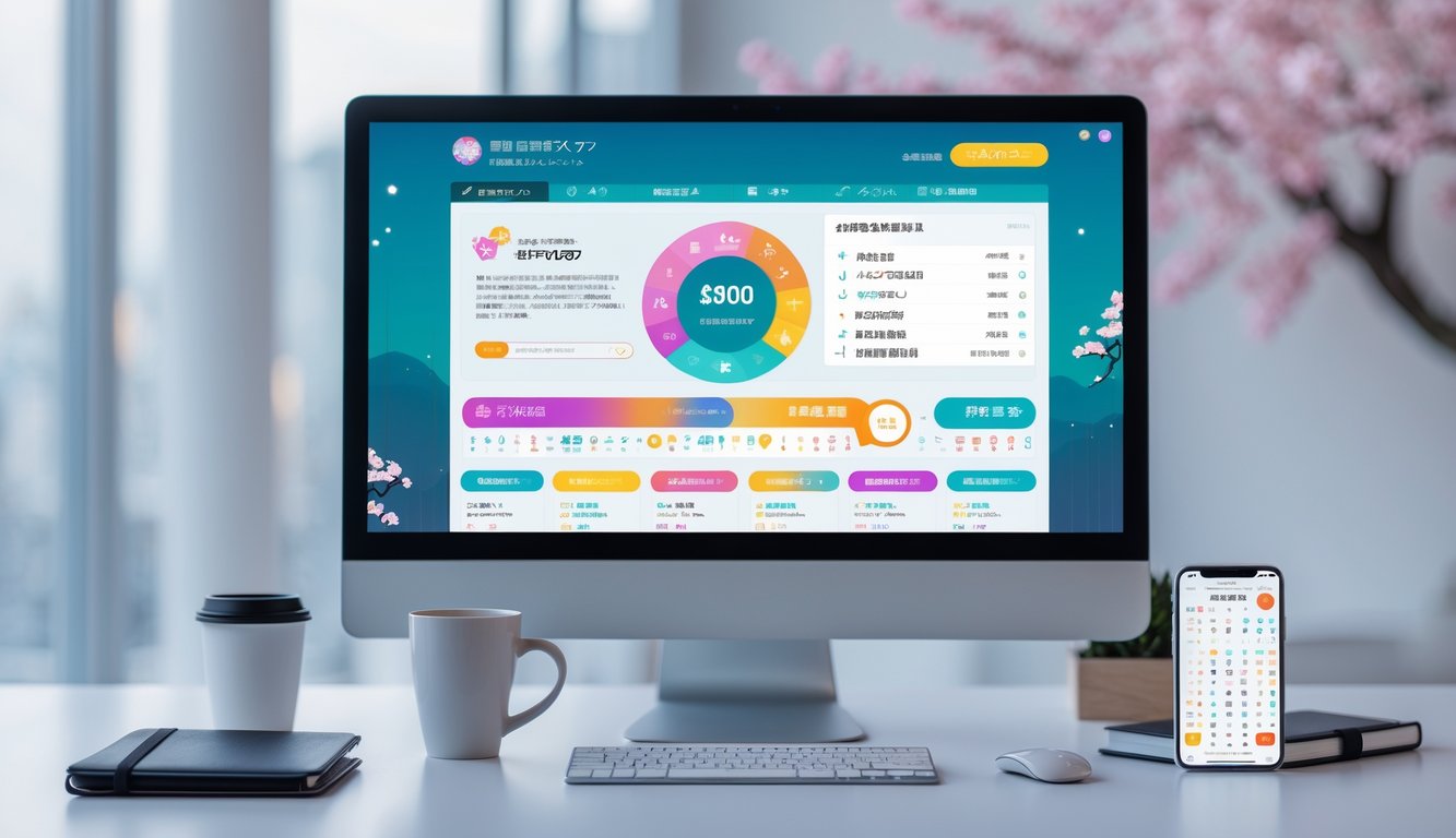 Seorang profesional menggunakan komputer dengan tampilan antarmuka permainan lotere Jepang di meja kerja yang rapi dengan dekorasi minimalis dan elemen budaya Jepang di latar belakang.