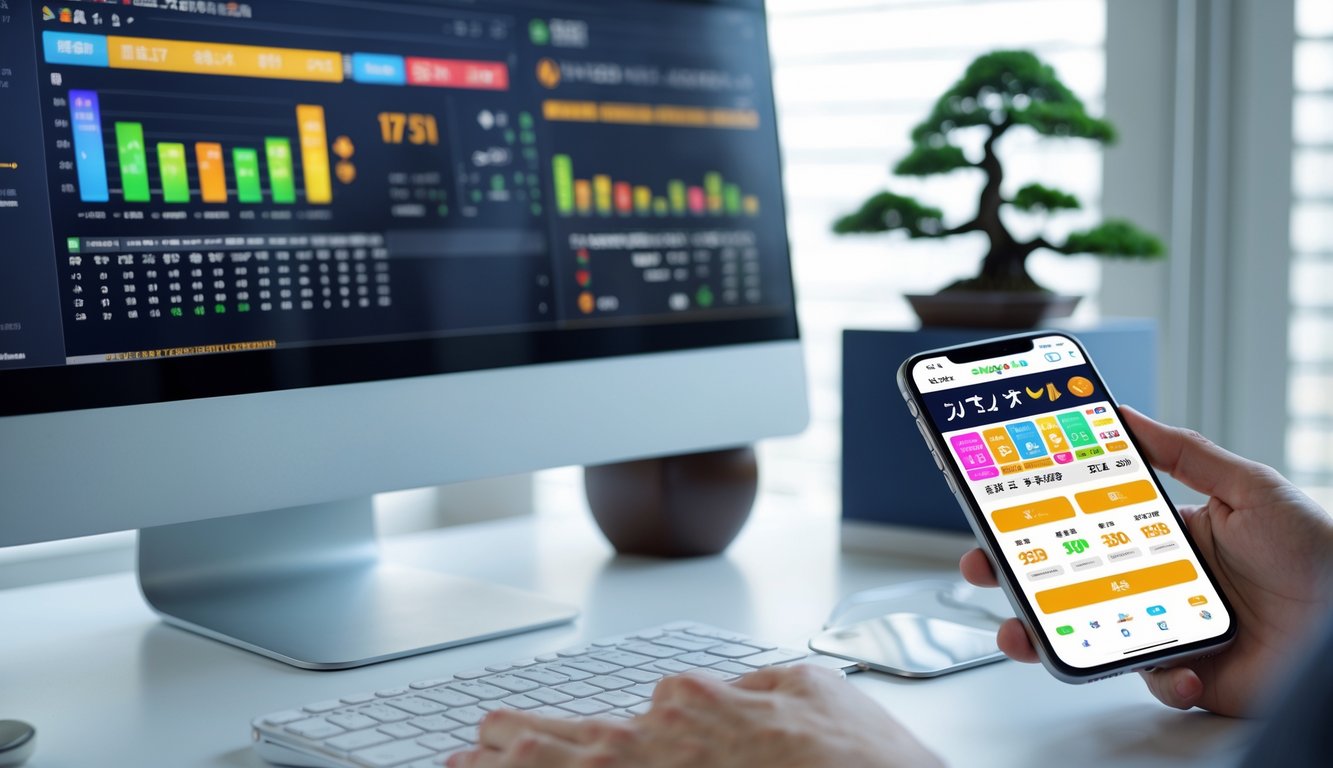 Meja kerja modern dengan komputer dan ponsel yang menampilkan aktivitas permainan togel Jepang online, dengan elemen dekorasi Jepang di latar belakang.