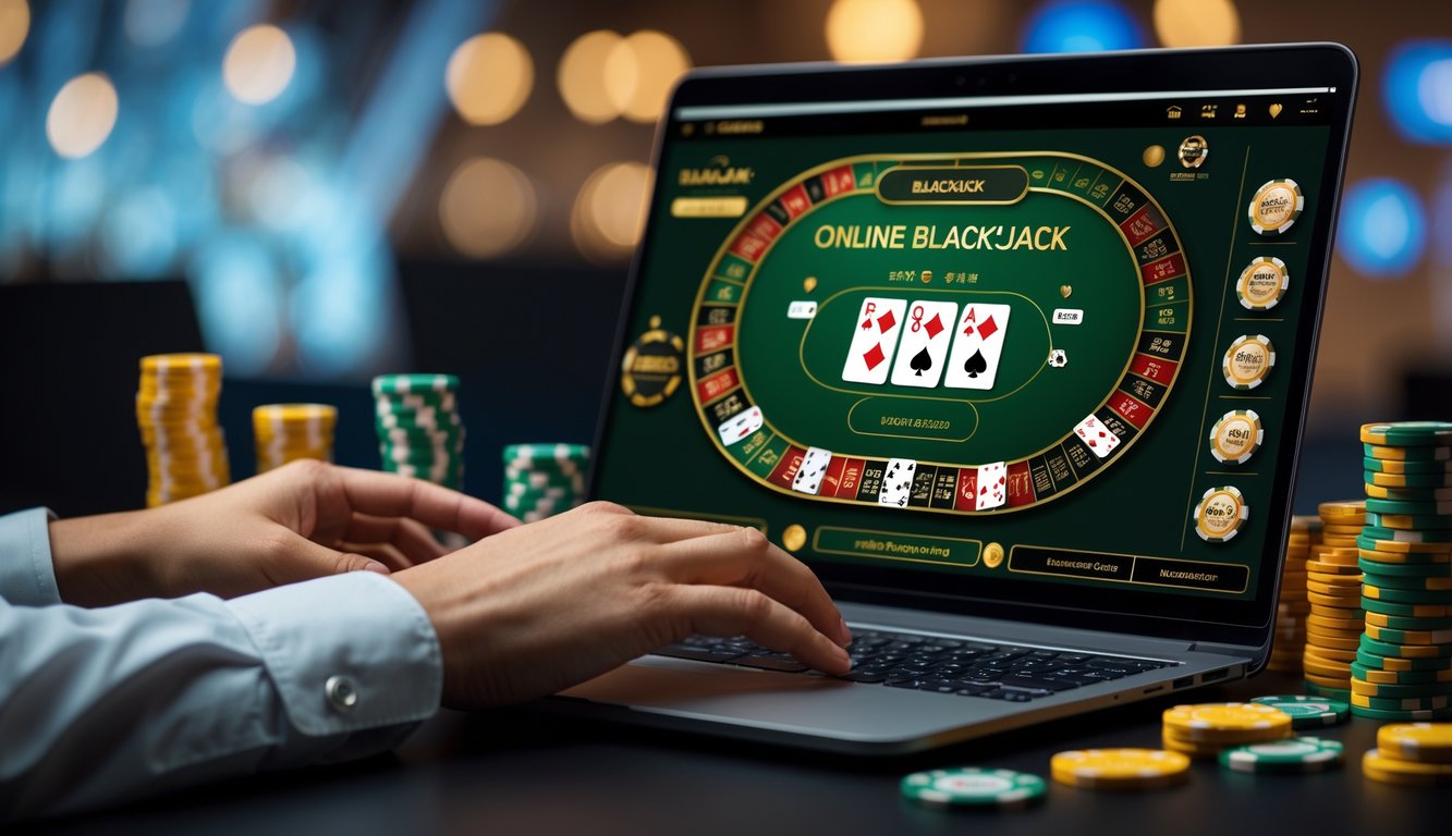Seorang pemain menggunakan laptop dengan tampilan permainan blackjack online, dikelilingi oleh tumpukan chip poker di meja yang rapi.