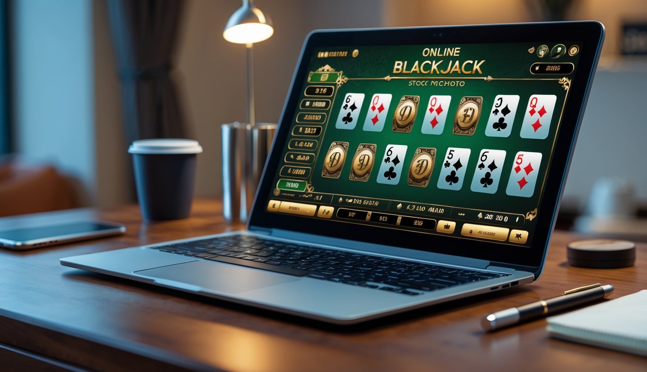 Sebuah laptop di atas meja kayu menampilkan permainan blackjack online dengan kartu dan chip digital, dikelilingi oleh cangkir kopi, ponsel, dan buku catatan.