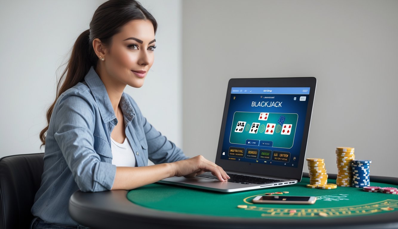 Seorang wanita muda duduk di meja kasino bermain blackjack online menggunakan laptop dengan kartu dan chip poker di meja.