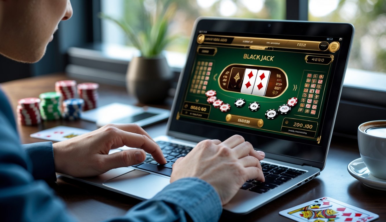 Tangan seseorang bermain permainan blackjack online di depan layar komputer dengan kartu dan chip poker di meja.