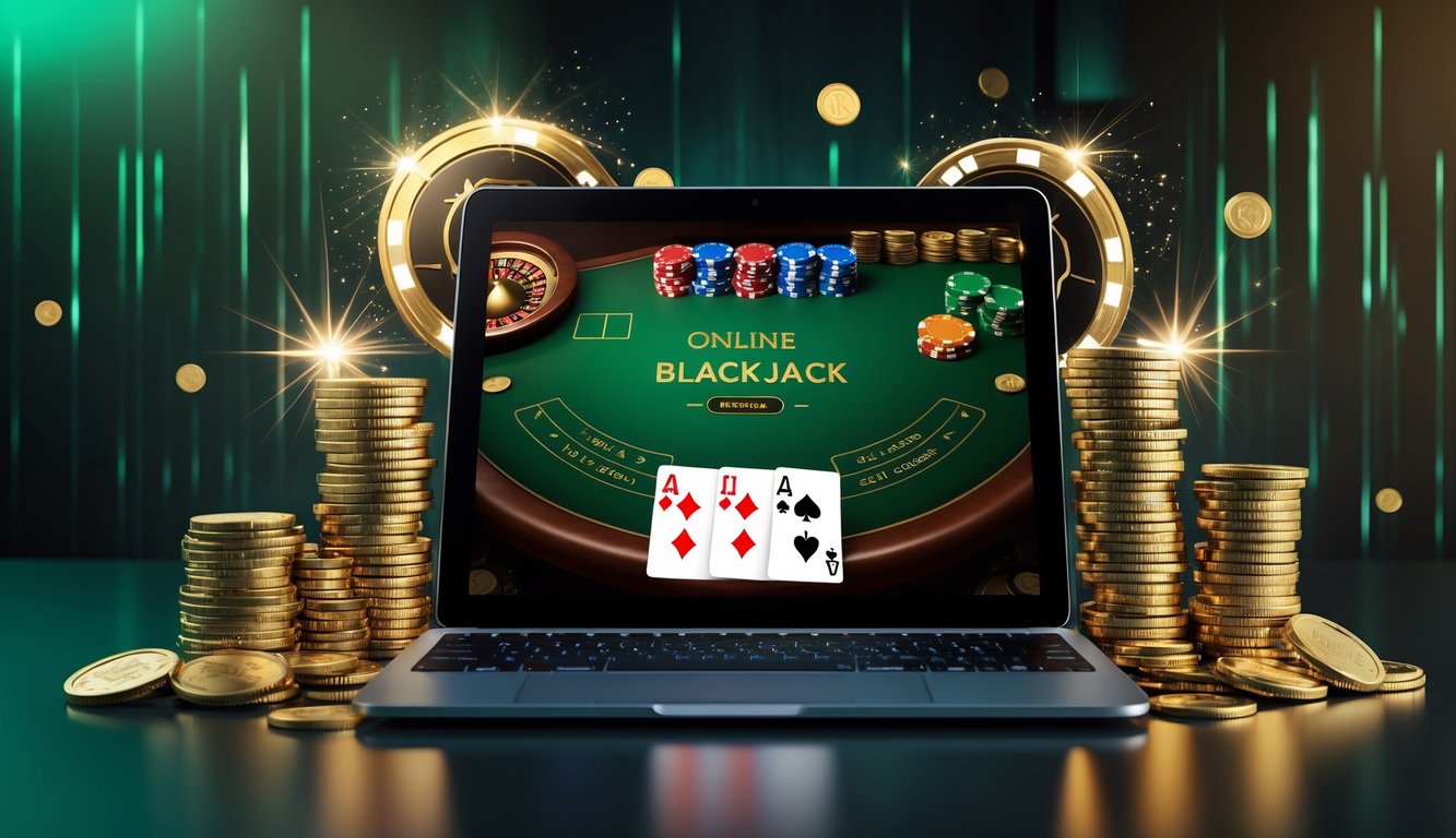 Layar perangkat digital menampilkan permainan blackjack online dengan kartu dan chip, dikelilingi oleh tumpukan chip poker dan koin emas dalam suasana kasino yang mewah.