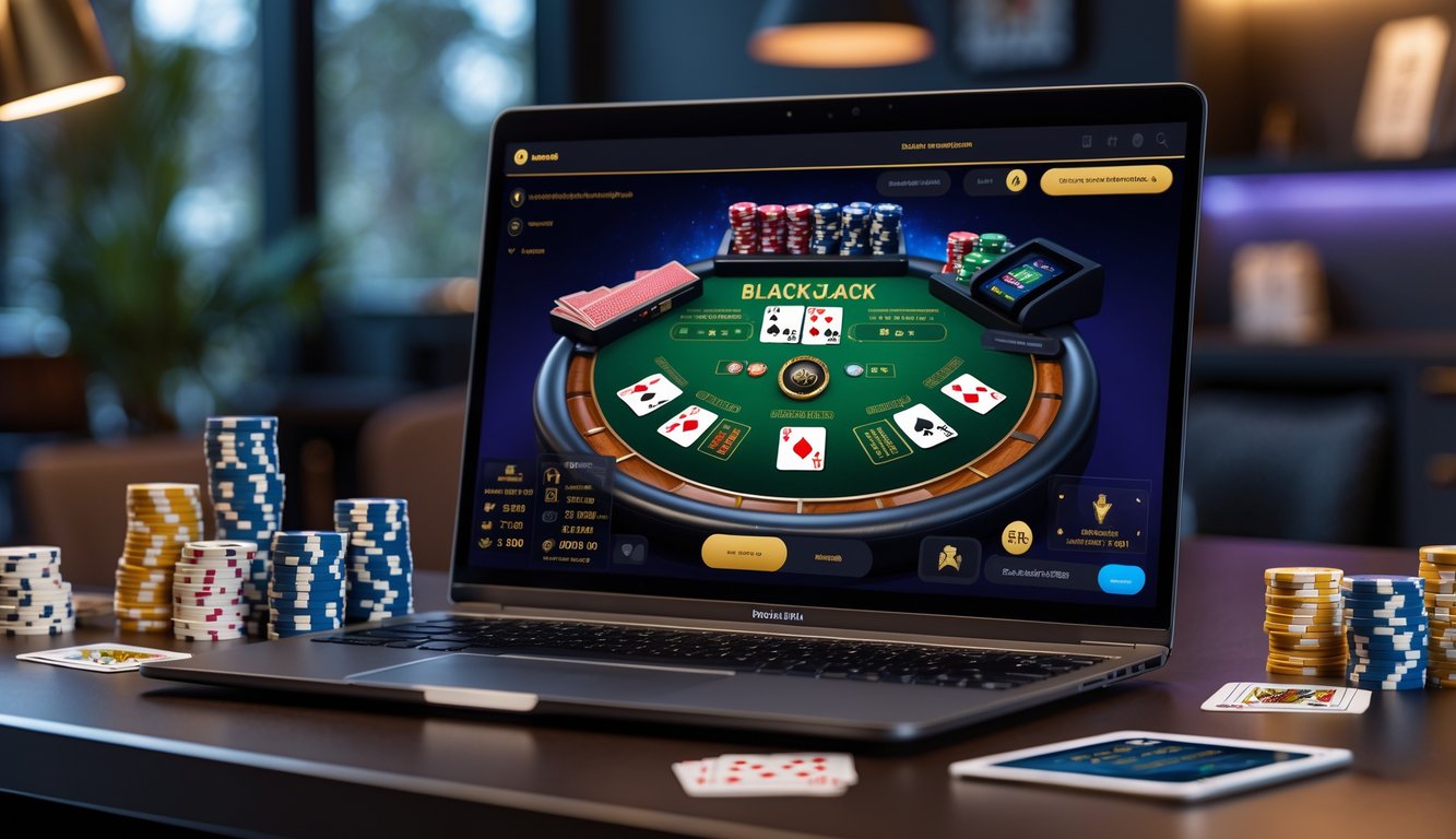 Seseorang sedang bermain blackjack online dengan laptop dan chip poker di meja permainan dalam ruangan modern.